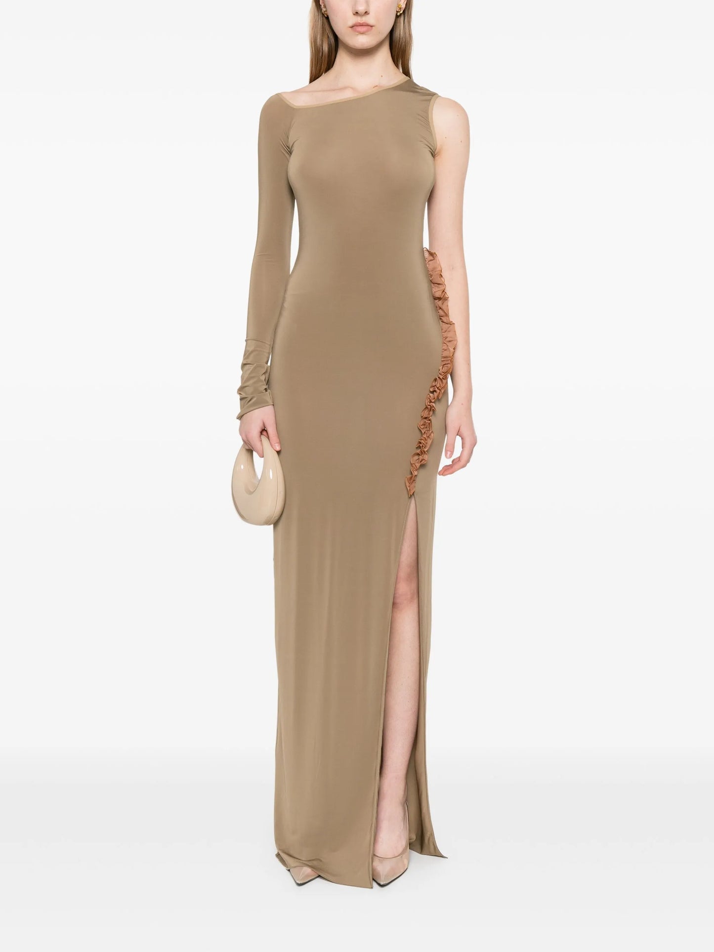 frill-detail asymmetric maxi dress