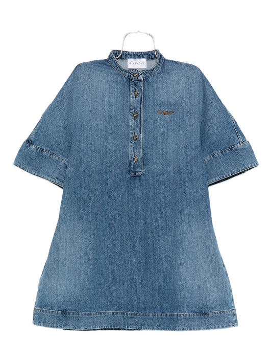 embroidered button-placket mini dress
