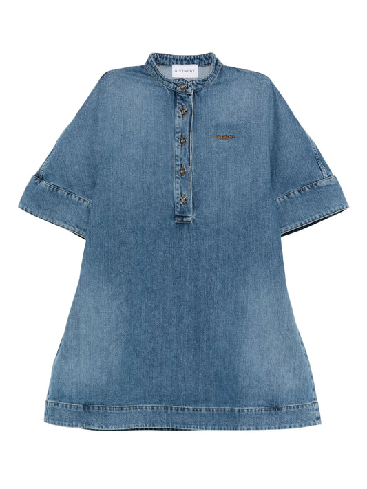 embroidered button-placket mini dress