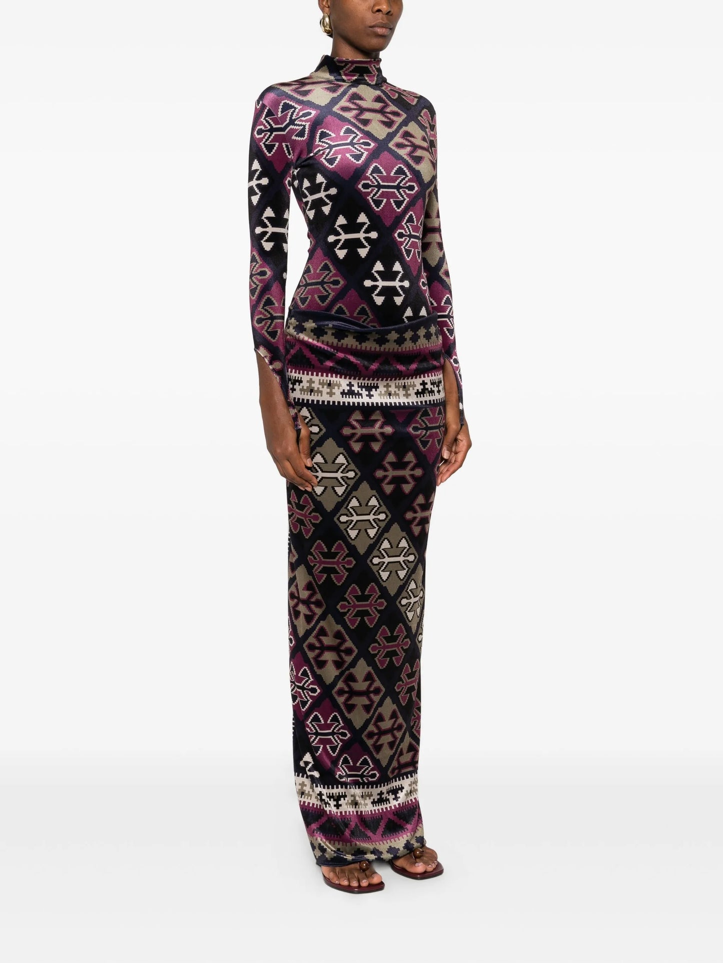 carpet-printed velvet maxi dress