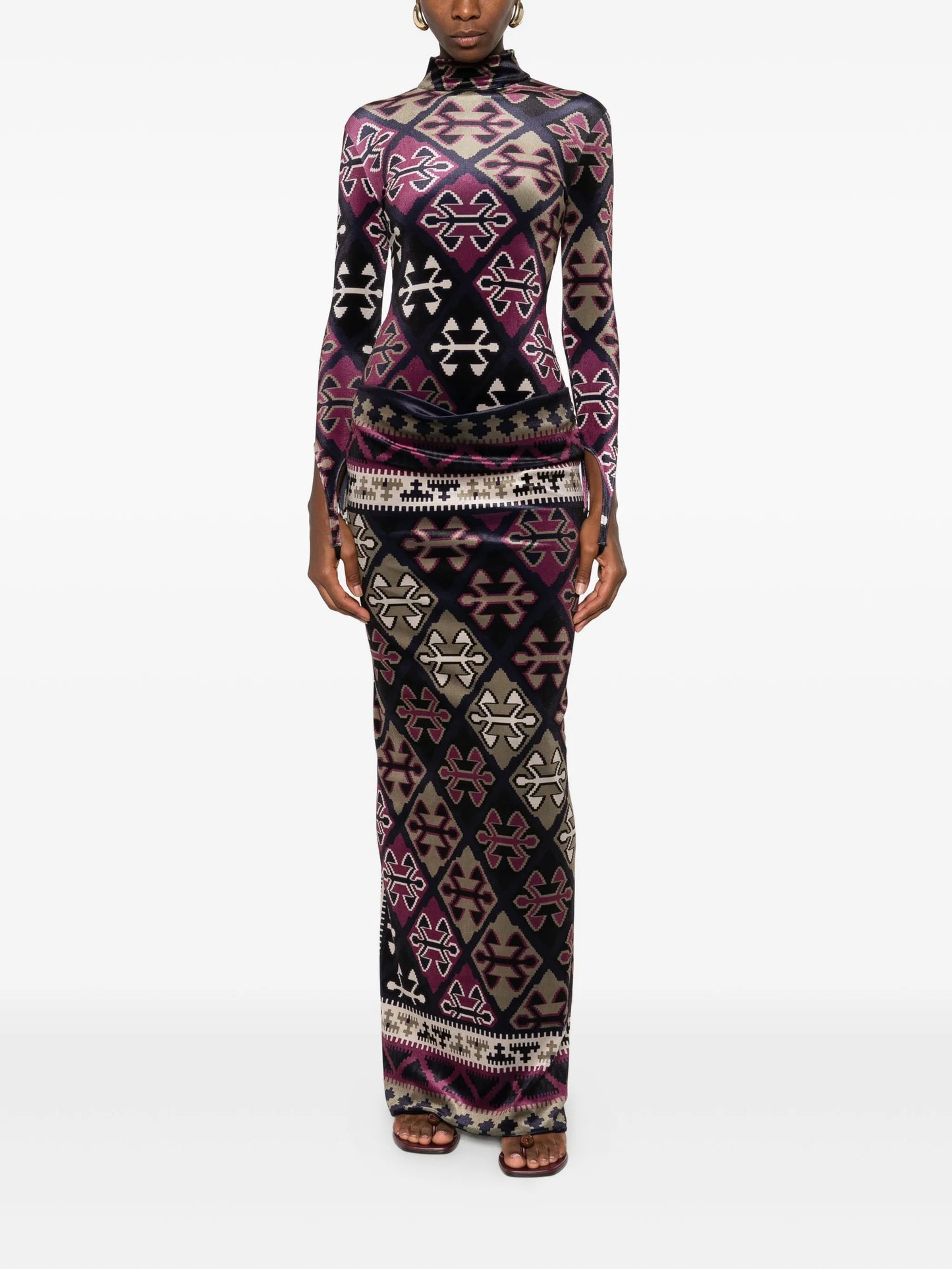 carpet-printed velvet maxi dress