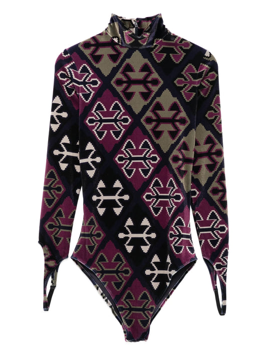 geometric-print velvet bodysuit