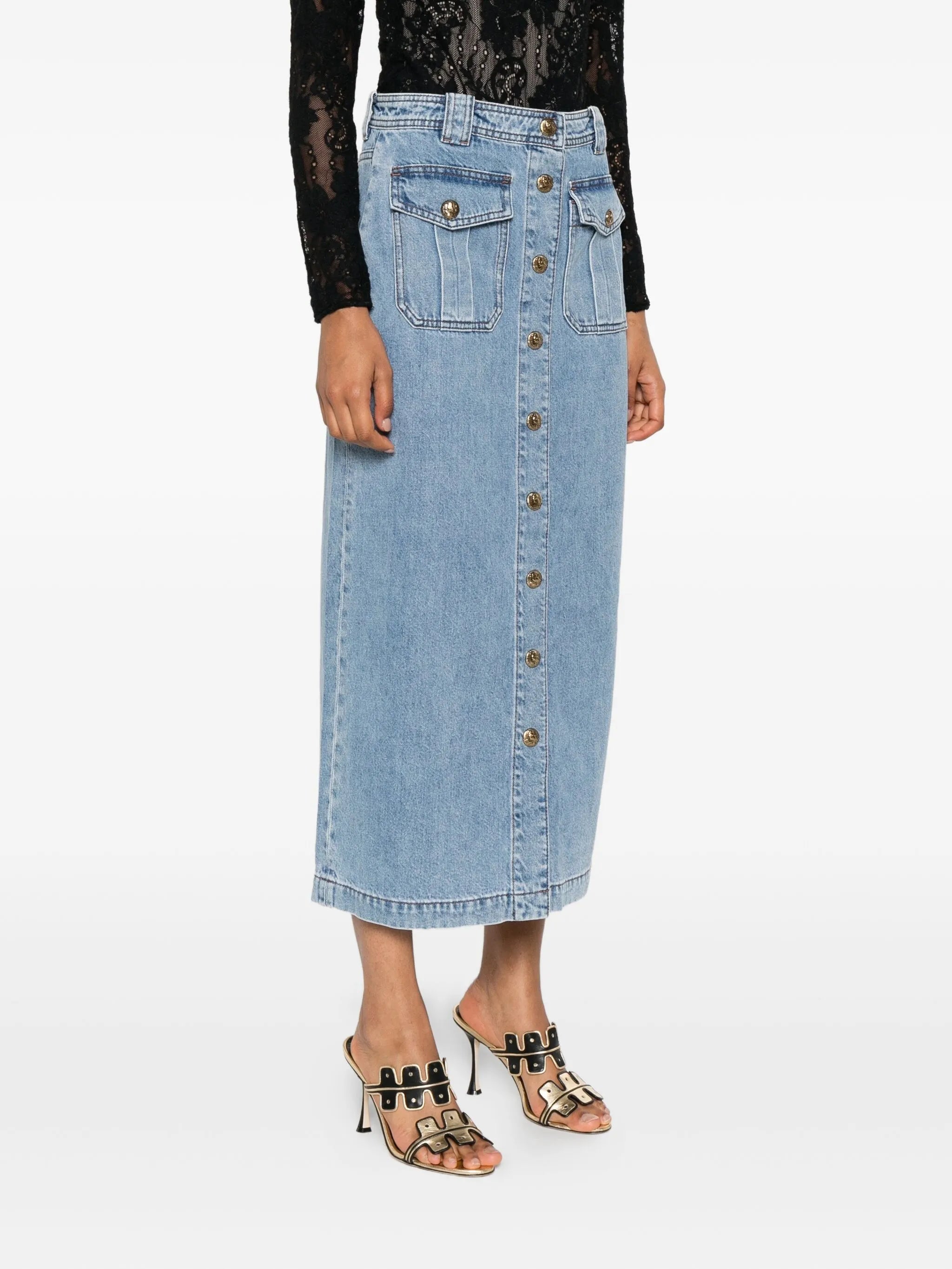 button-front flap-pocket skirt