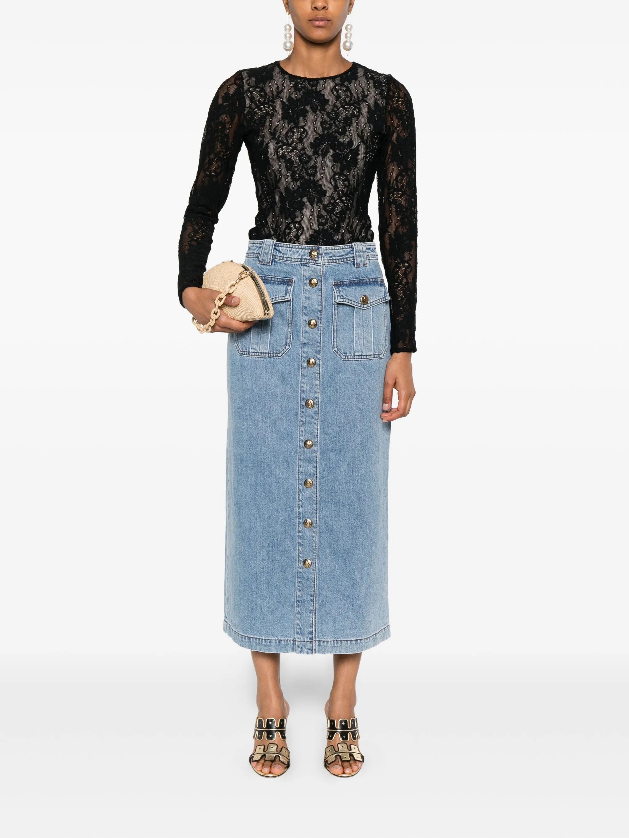 button-front flap-pocket skirt