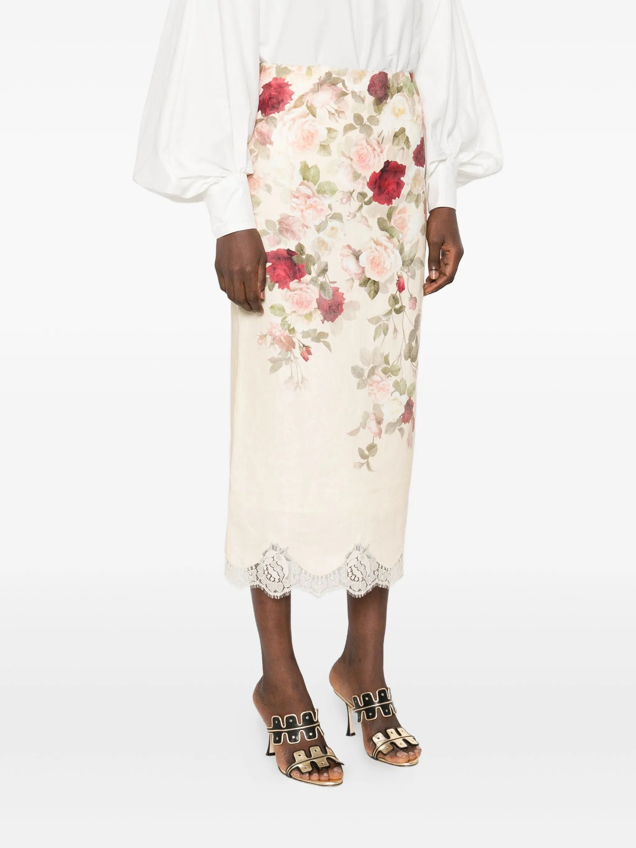 floral-print lace-trimmed skirt