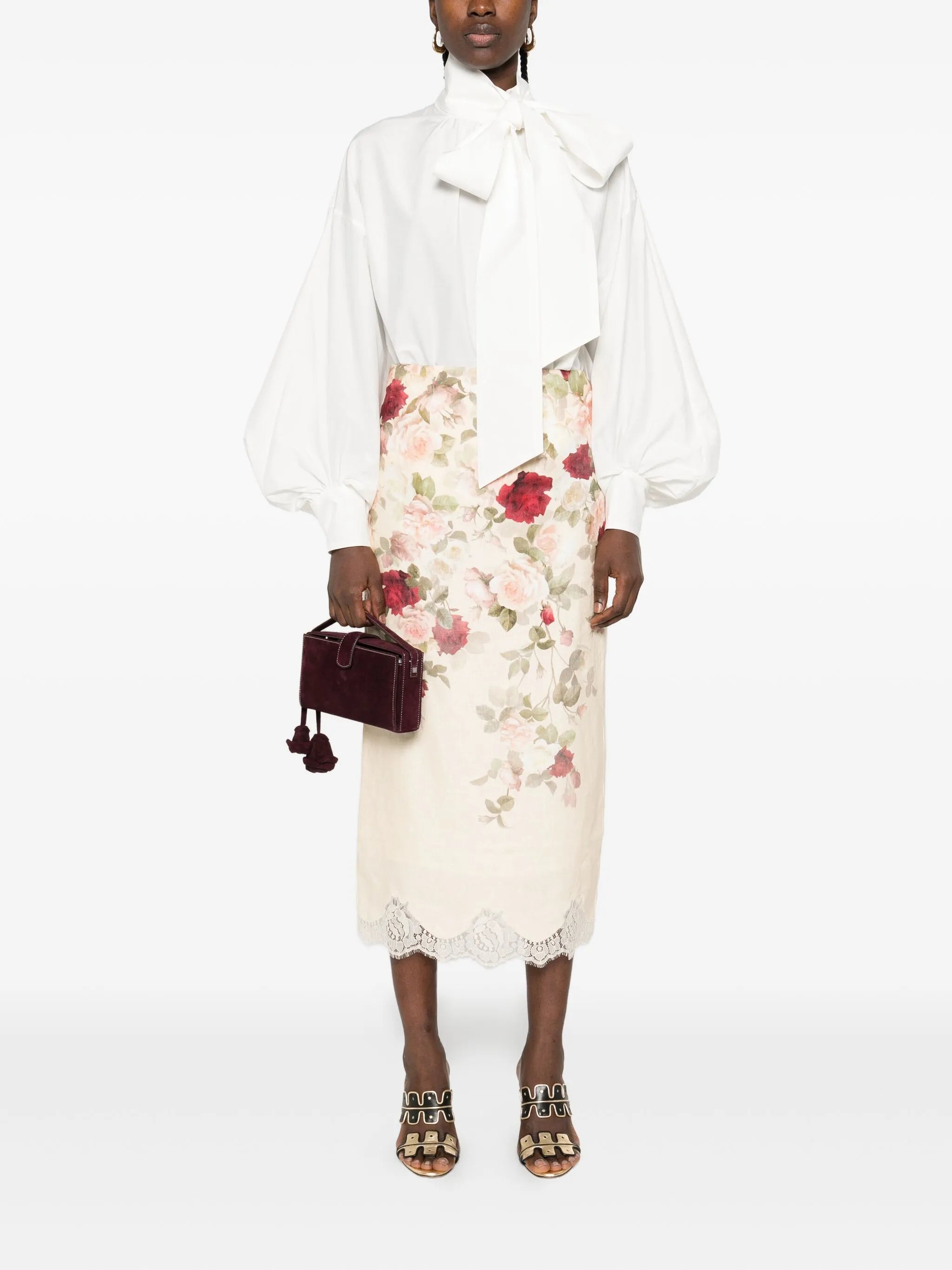 floral-print lace-trimmed skirt