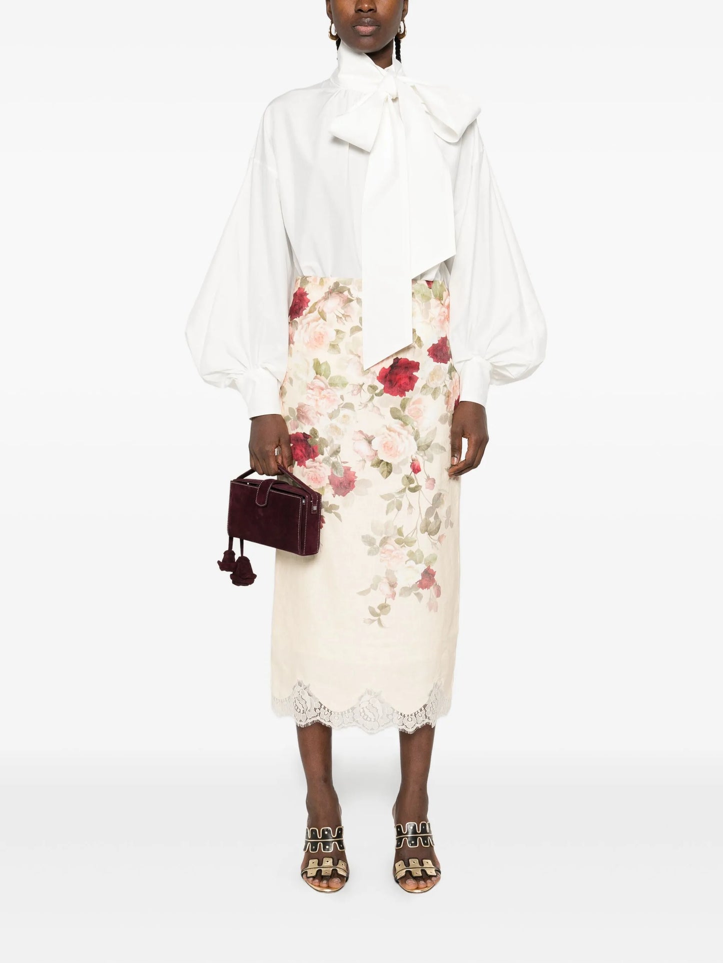floral-print lace-trimmed skirt