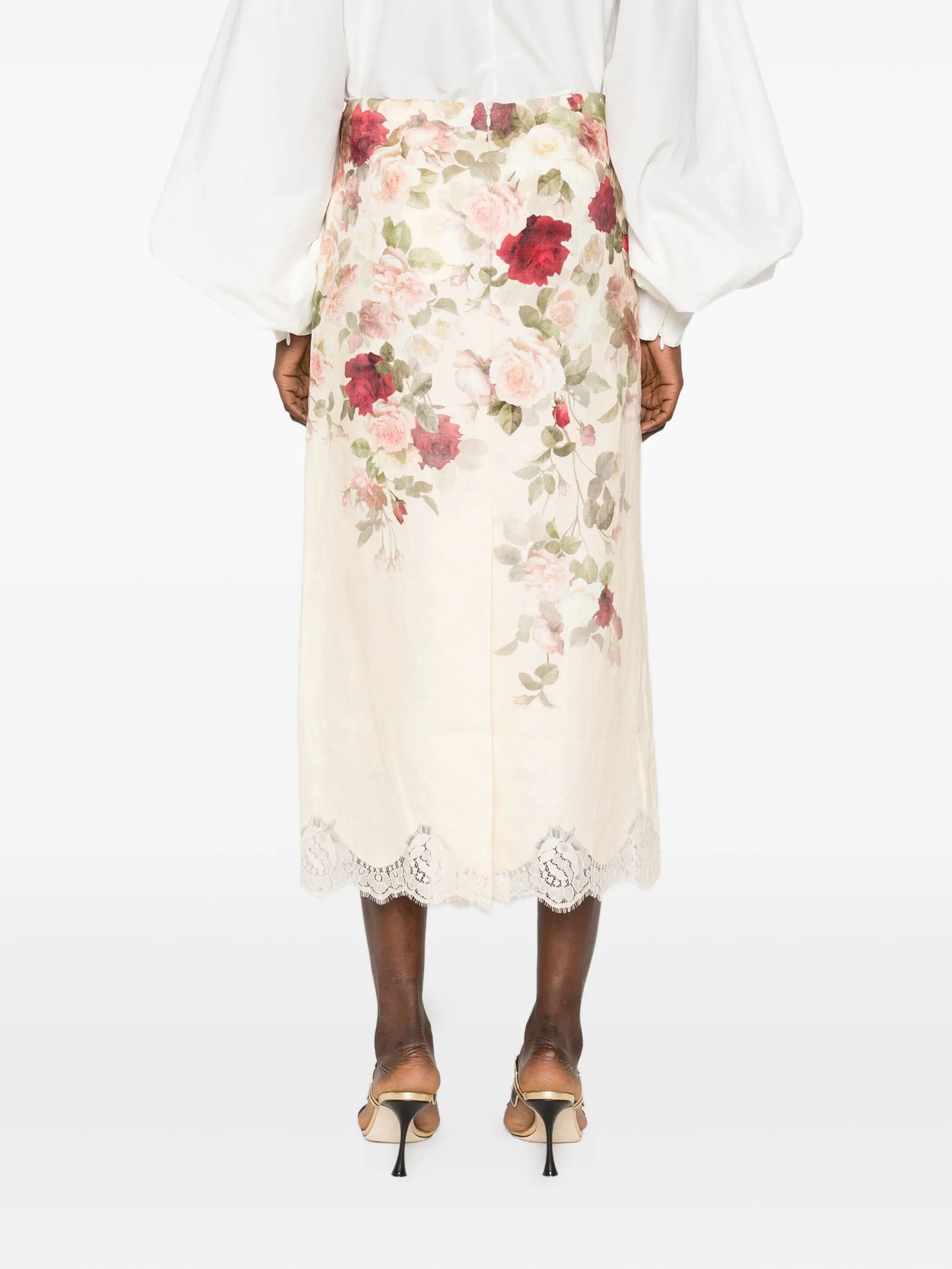 floral-print lace-trimmed skirt