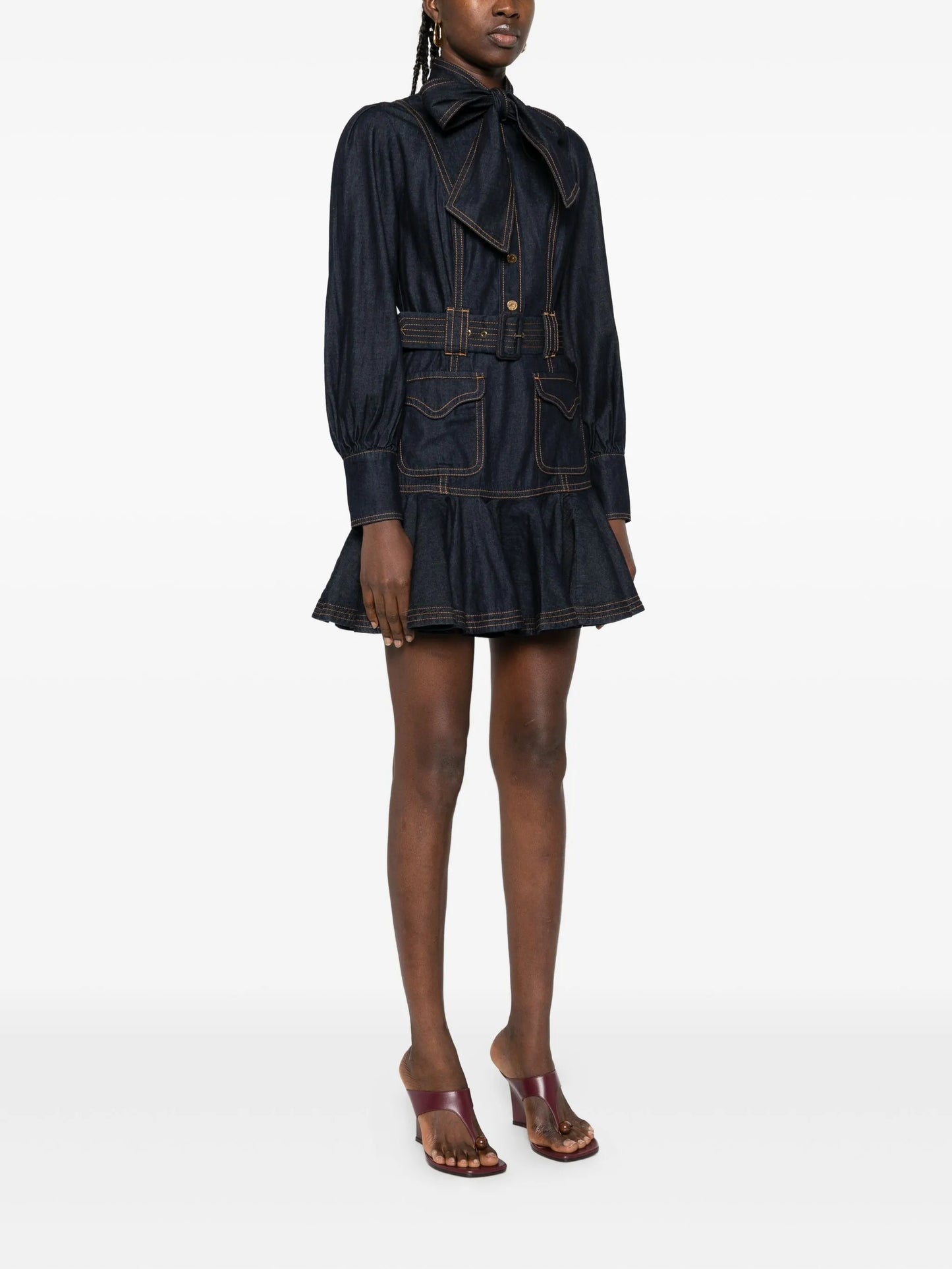 tied-neck ruffled denim dress
