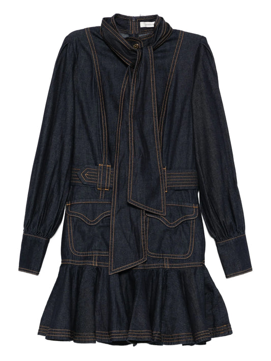 tied-neck ruffled denim dress
