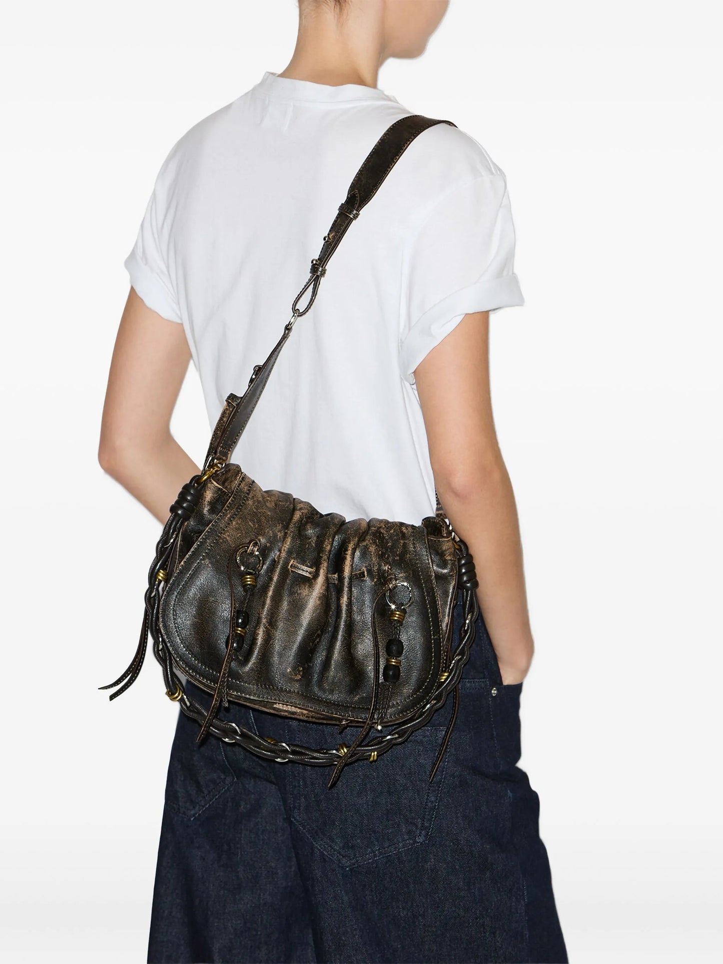 drawstring leather shoulder bag