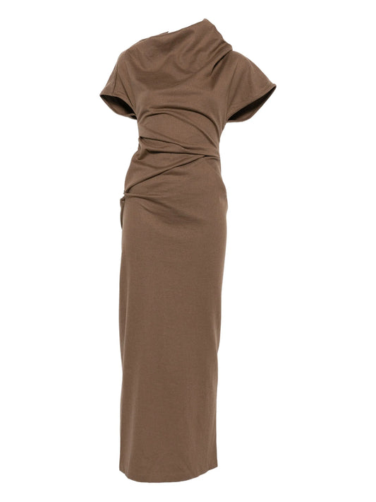 high-neck draped midi dress