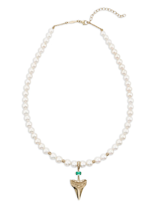 14K yellow gold Shark Tooth emerald and diamondecklace