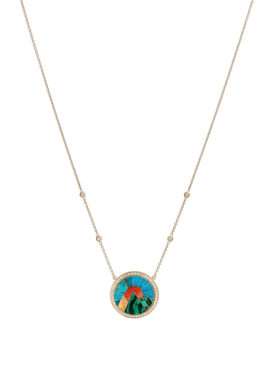 14K yellow gold small Mountain Scenic Inlay diamond necklace