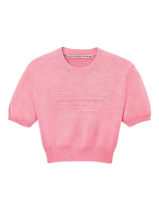 logo-embossed puff-sleeve knit top