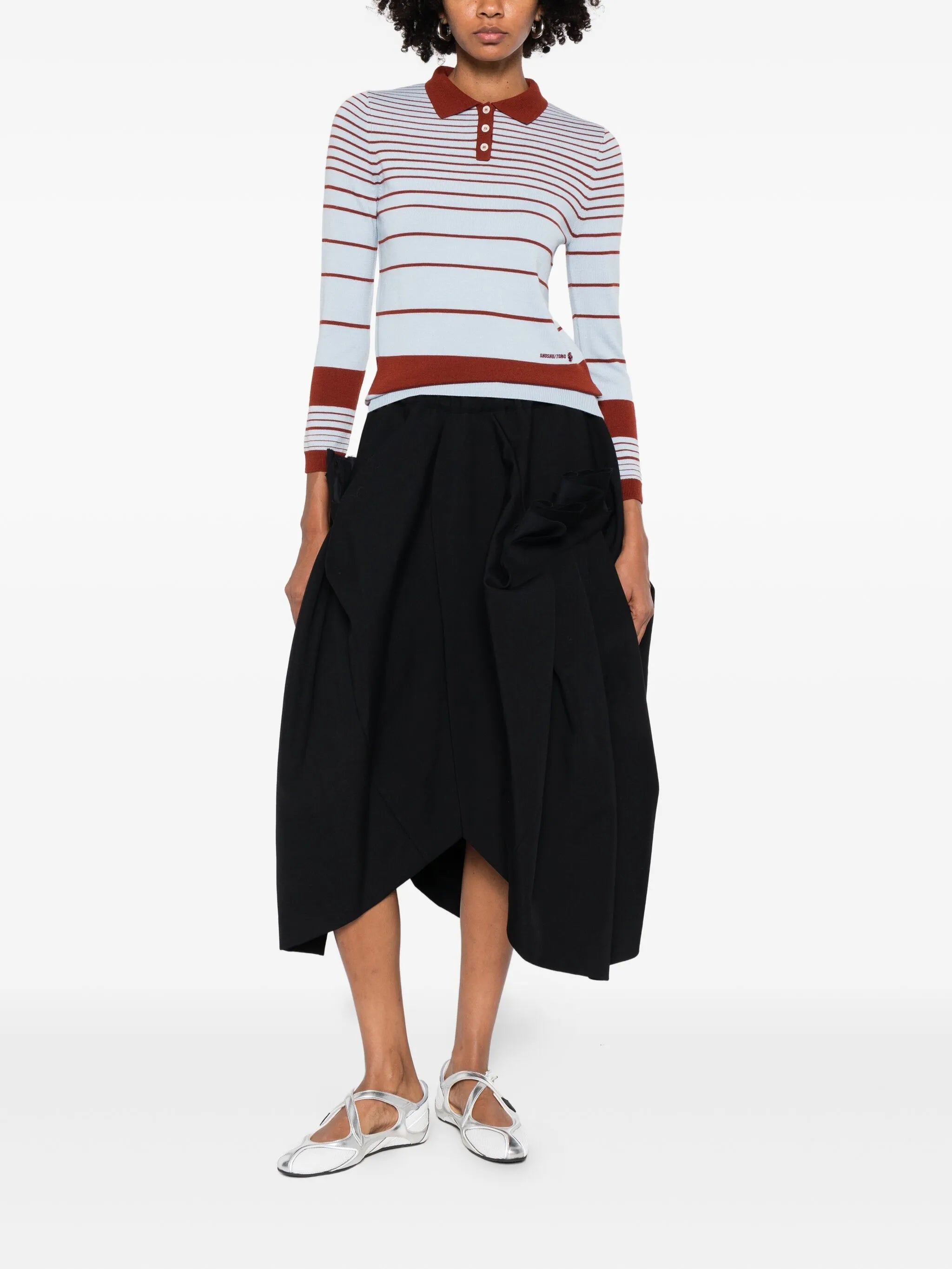 striped fine-knit polo top