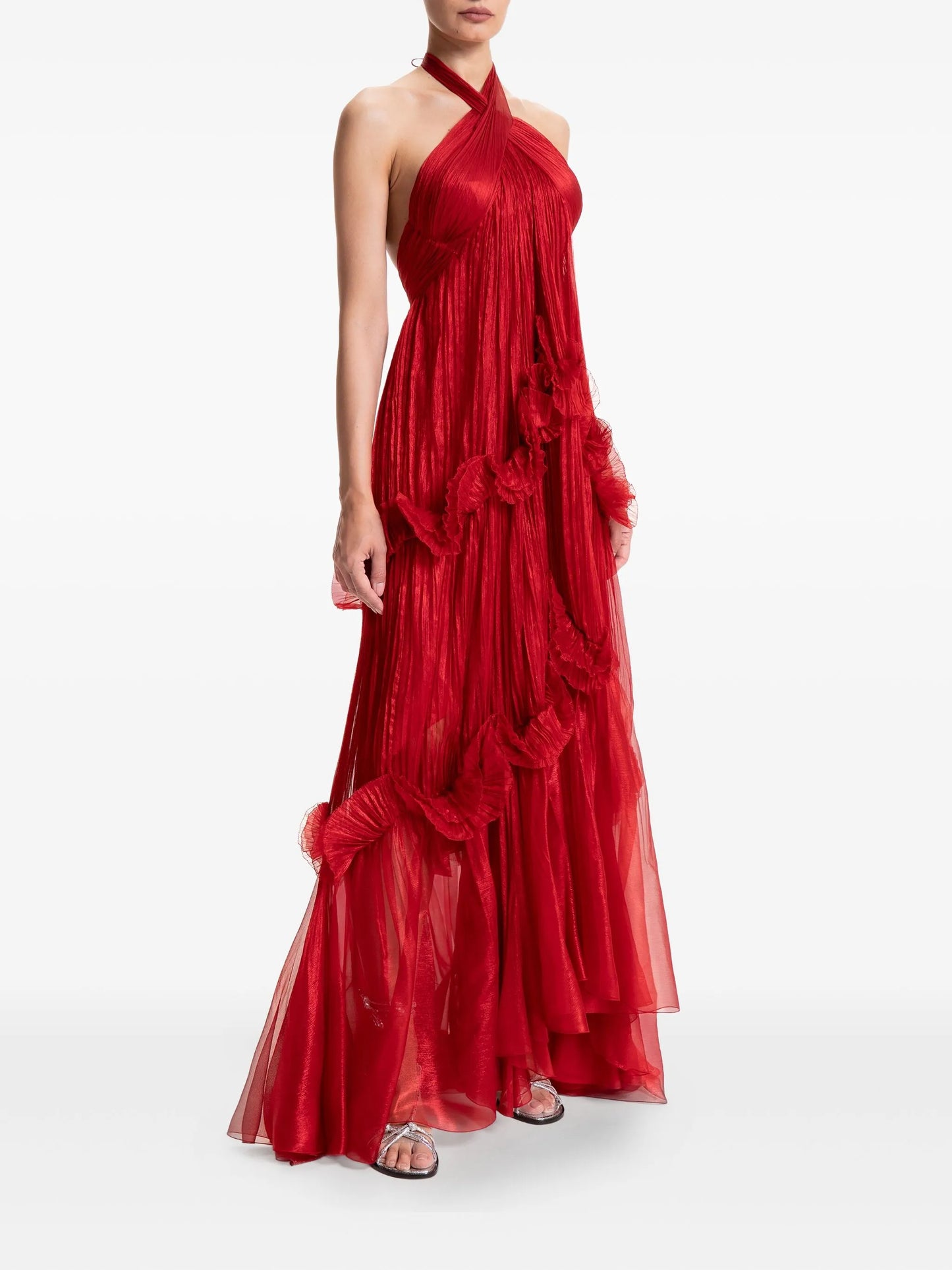 halter-neck ruffle-detail gown