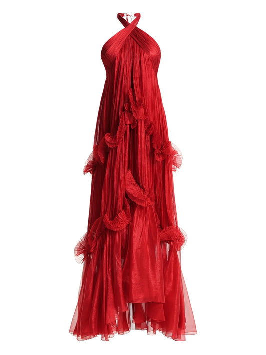 halter-neck ruffle-detail gown