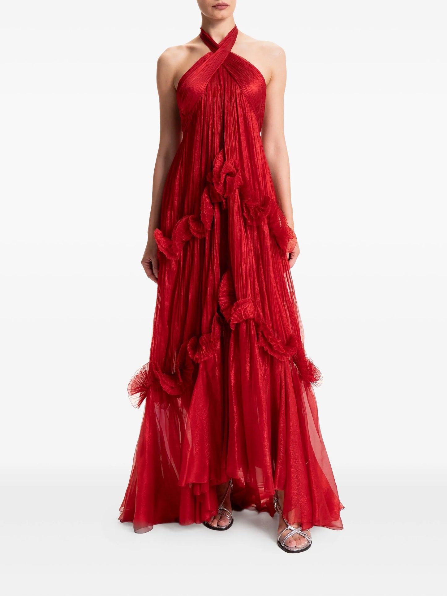 halter-neck ruffle-detail gown