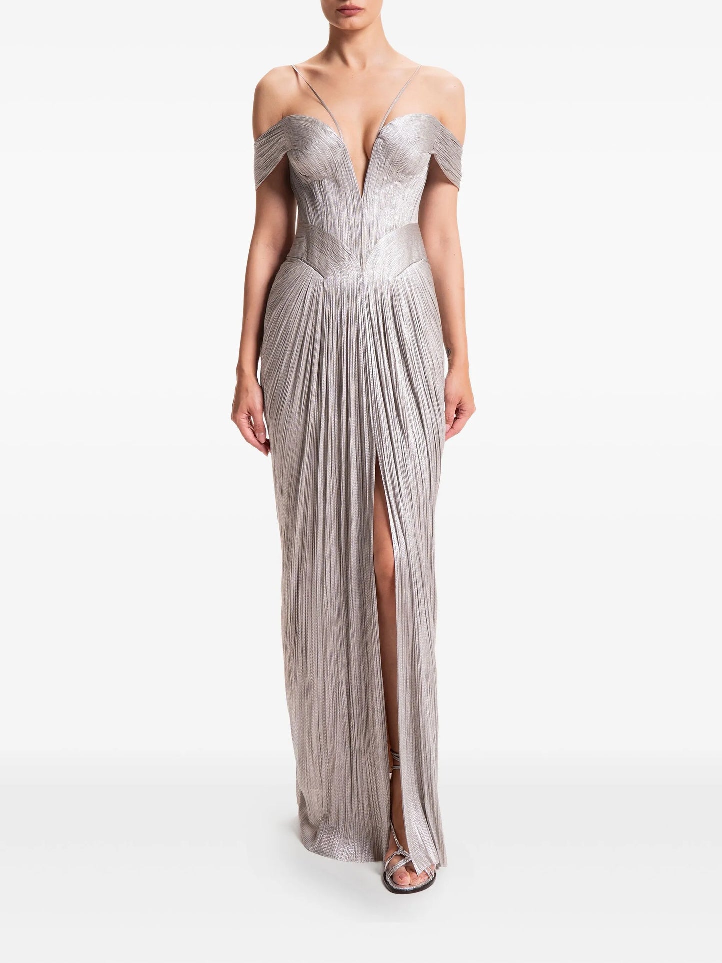 pleated front-slit gown