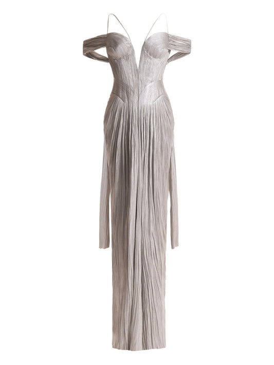 pleated front-slit gown