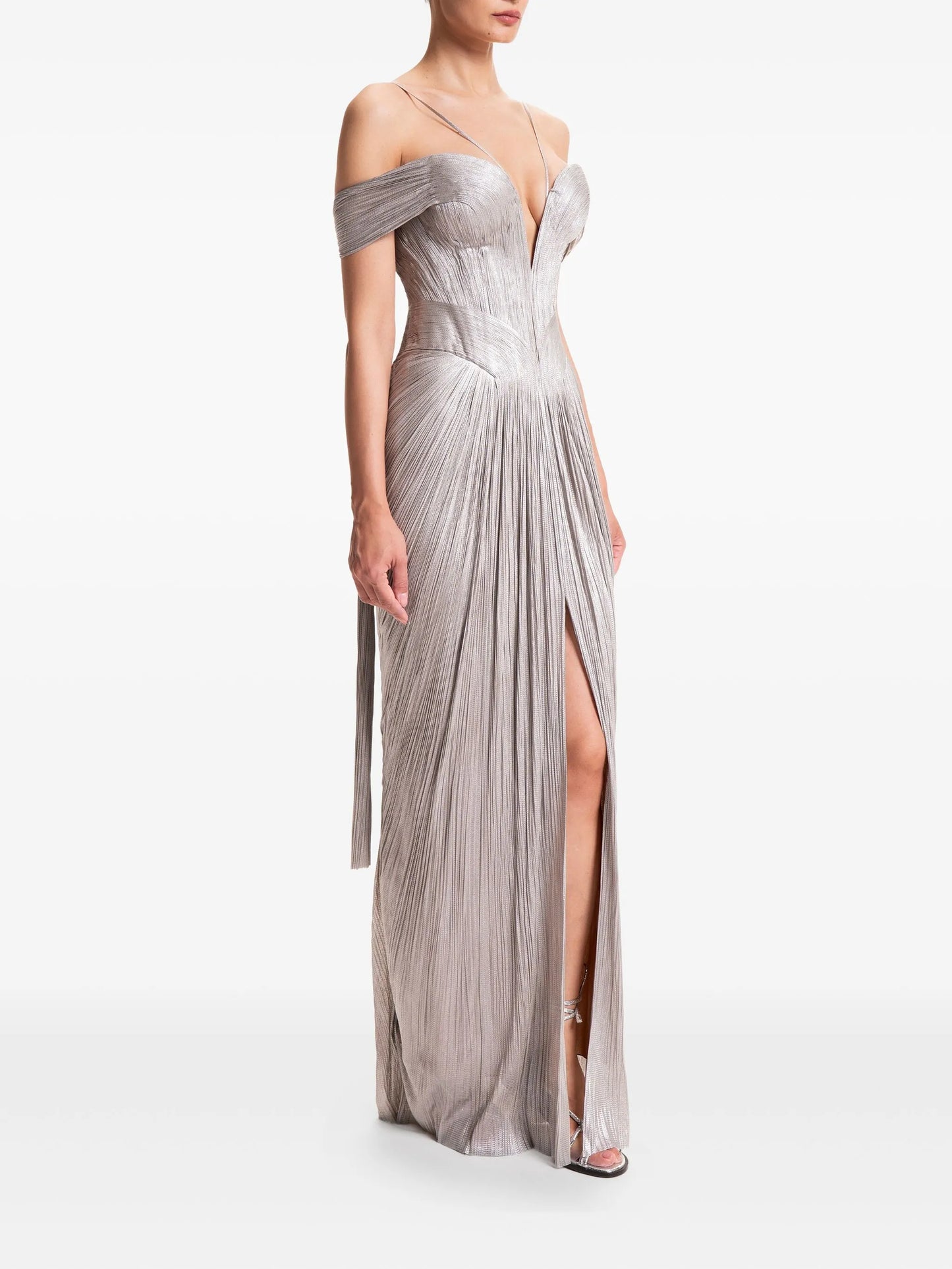 pleated front-slit gown