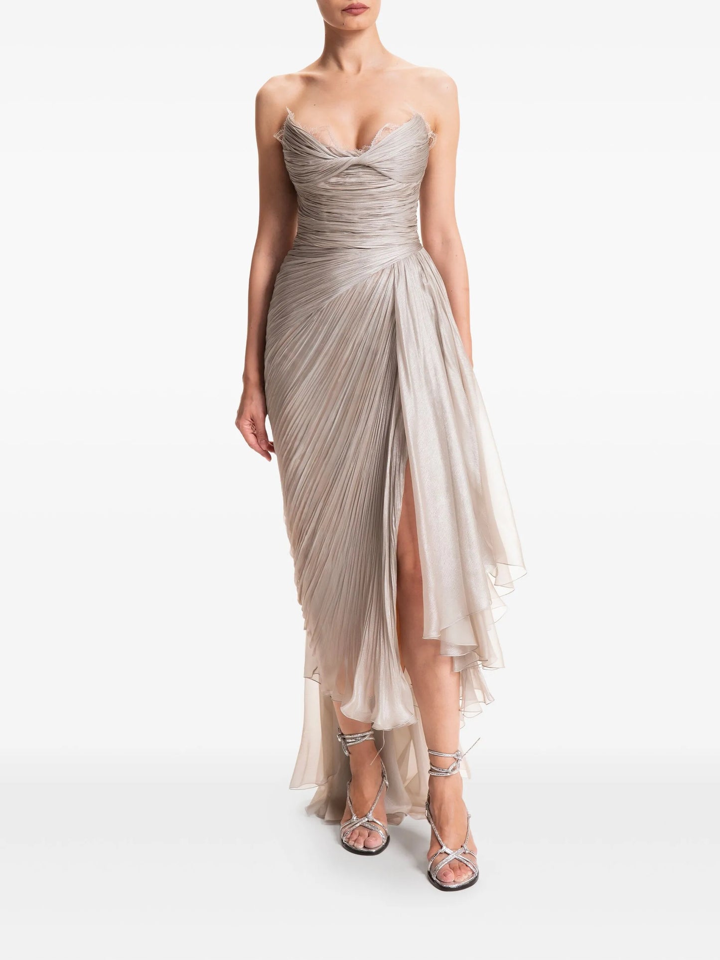 pleated lace-trim gown