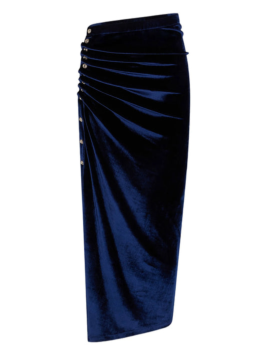 ruched velvet midi skirt