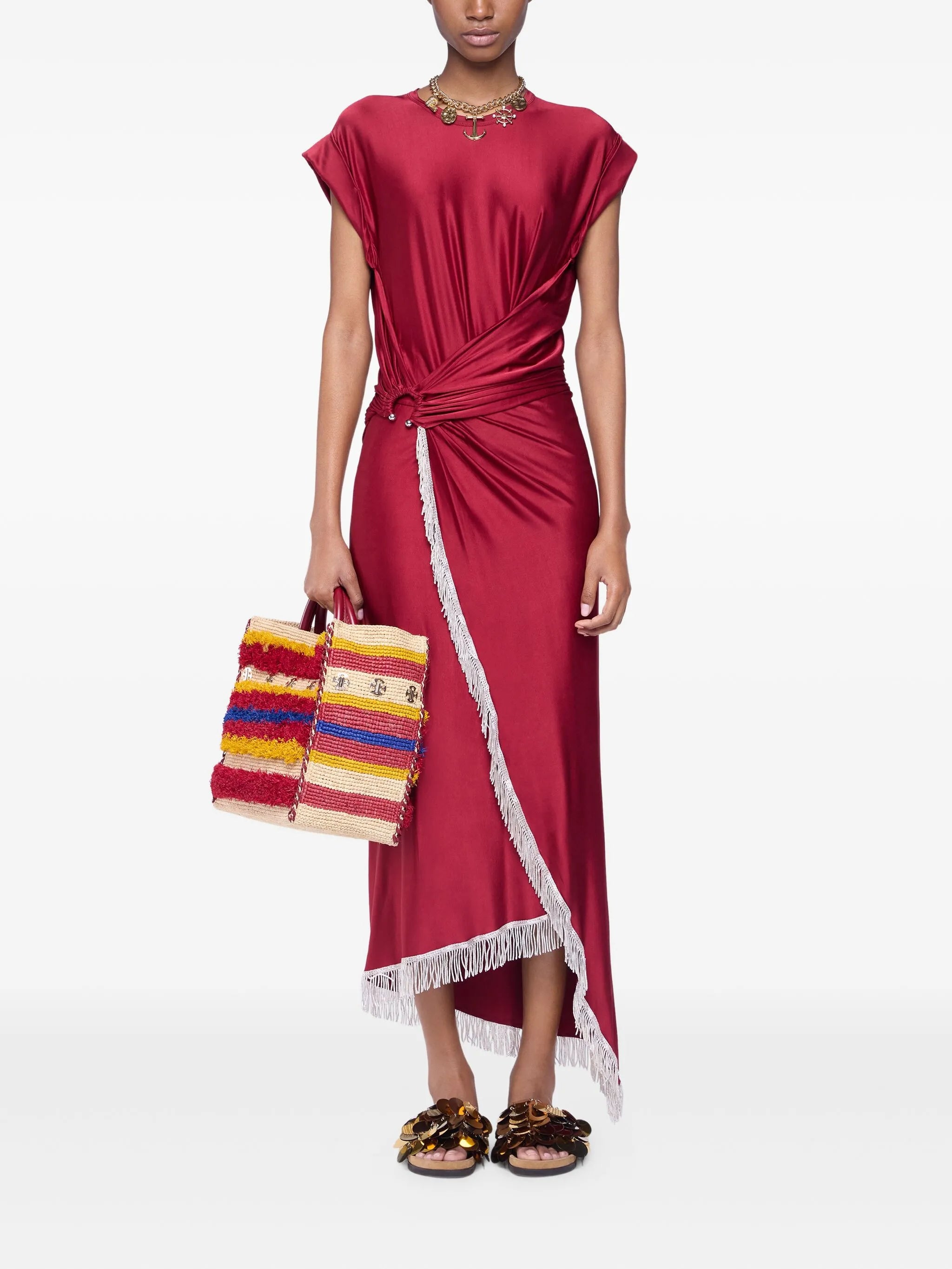 fringe-detailed gathered dress