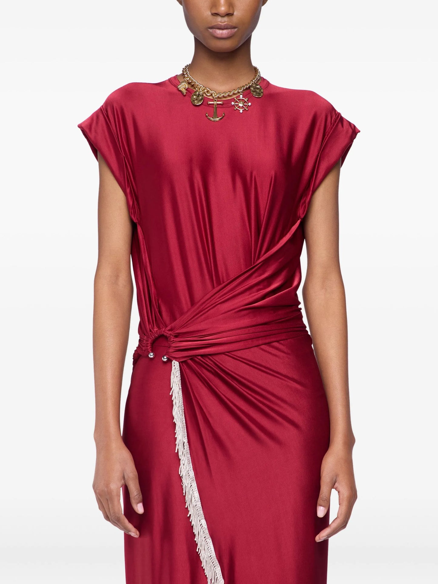 fringe-detailed gathered dress