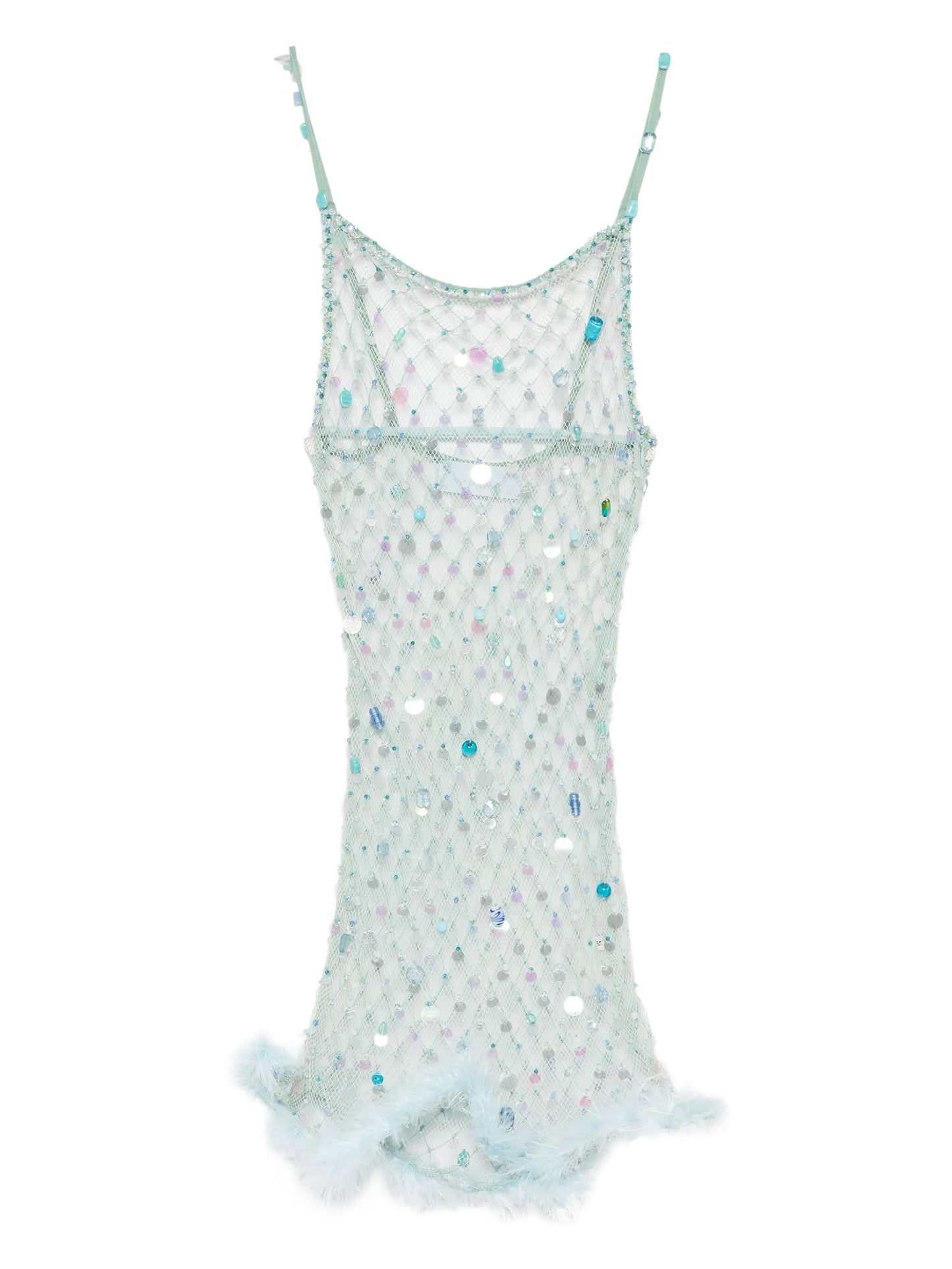 feather-trim mesh mini dress