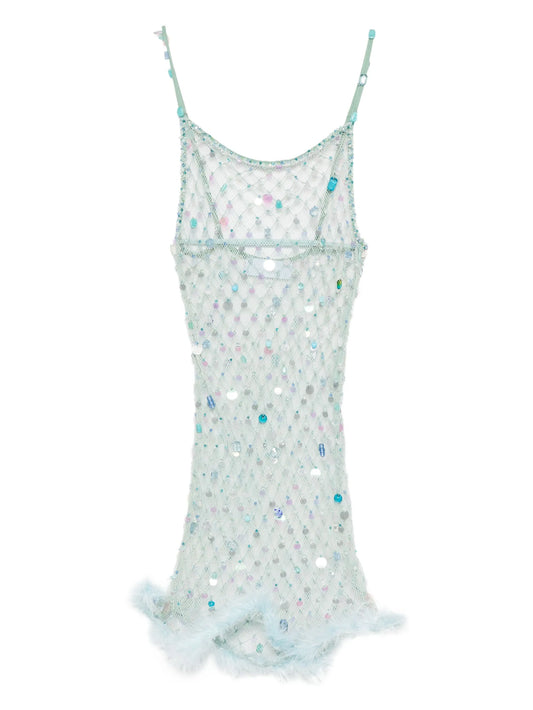 feather-trim mesh mini dress