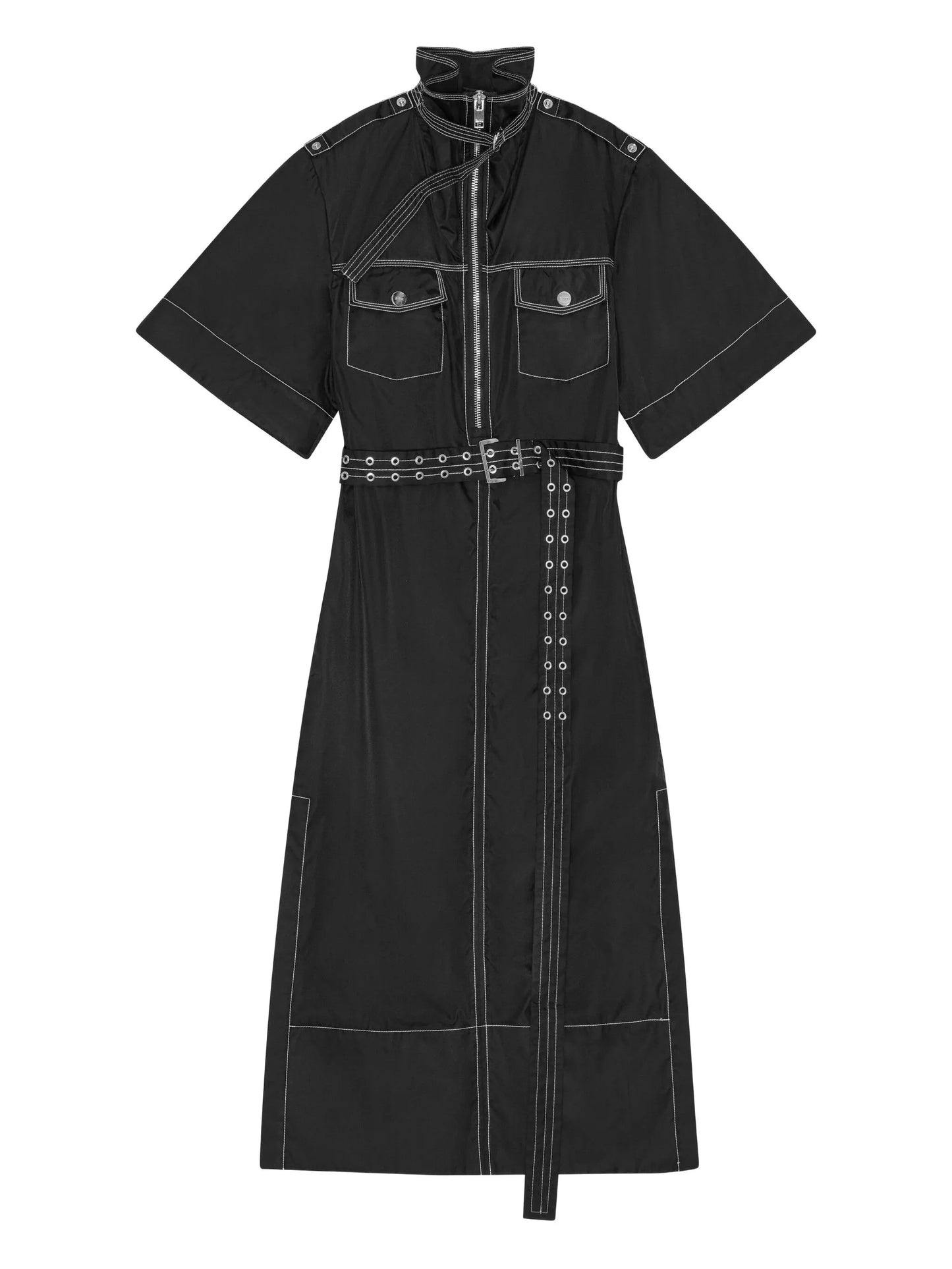 high-collar belted shirt dress