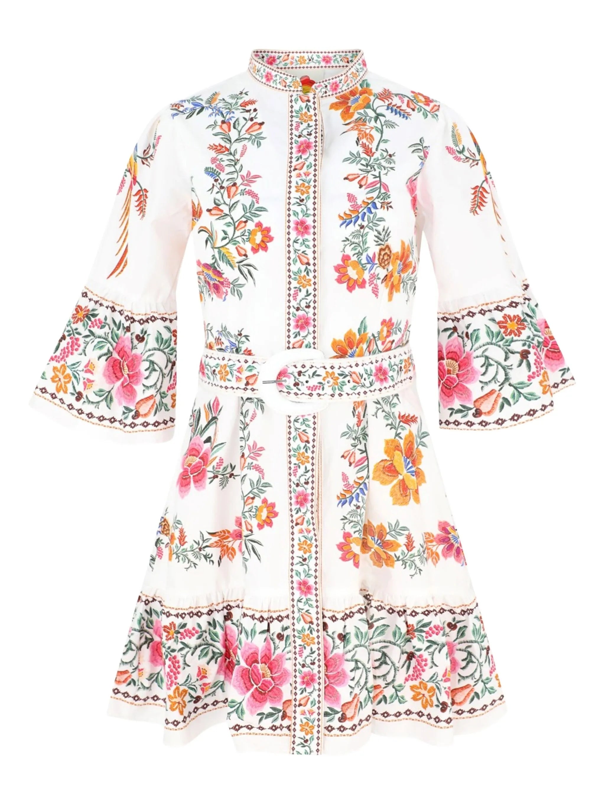 floral-embroidered belted mini dress