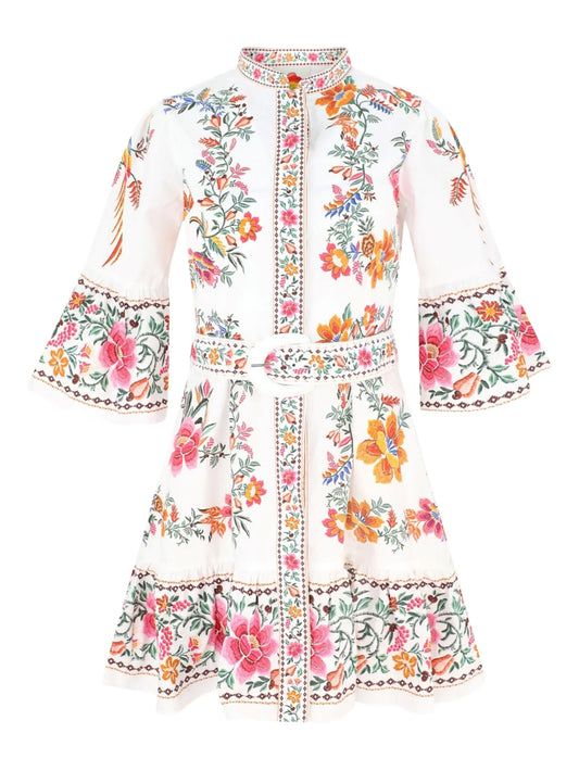 floral-embroidered belted mini dress