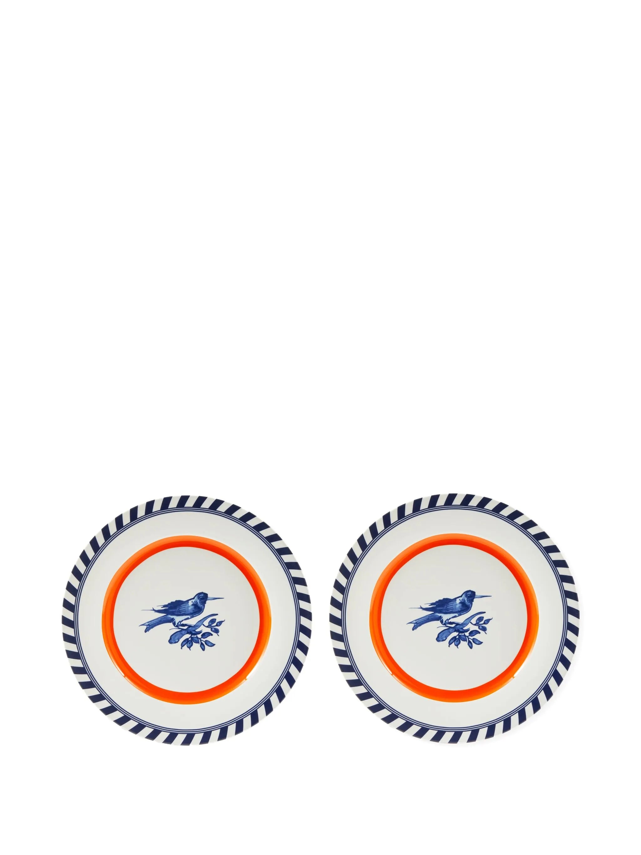 striped bird-motif plates