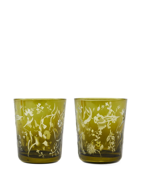 floral-etched glass tumblers