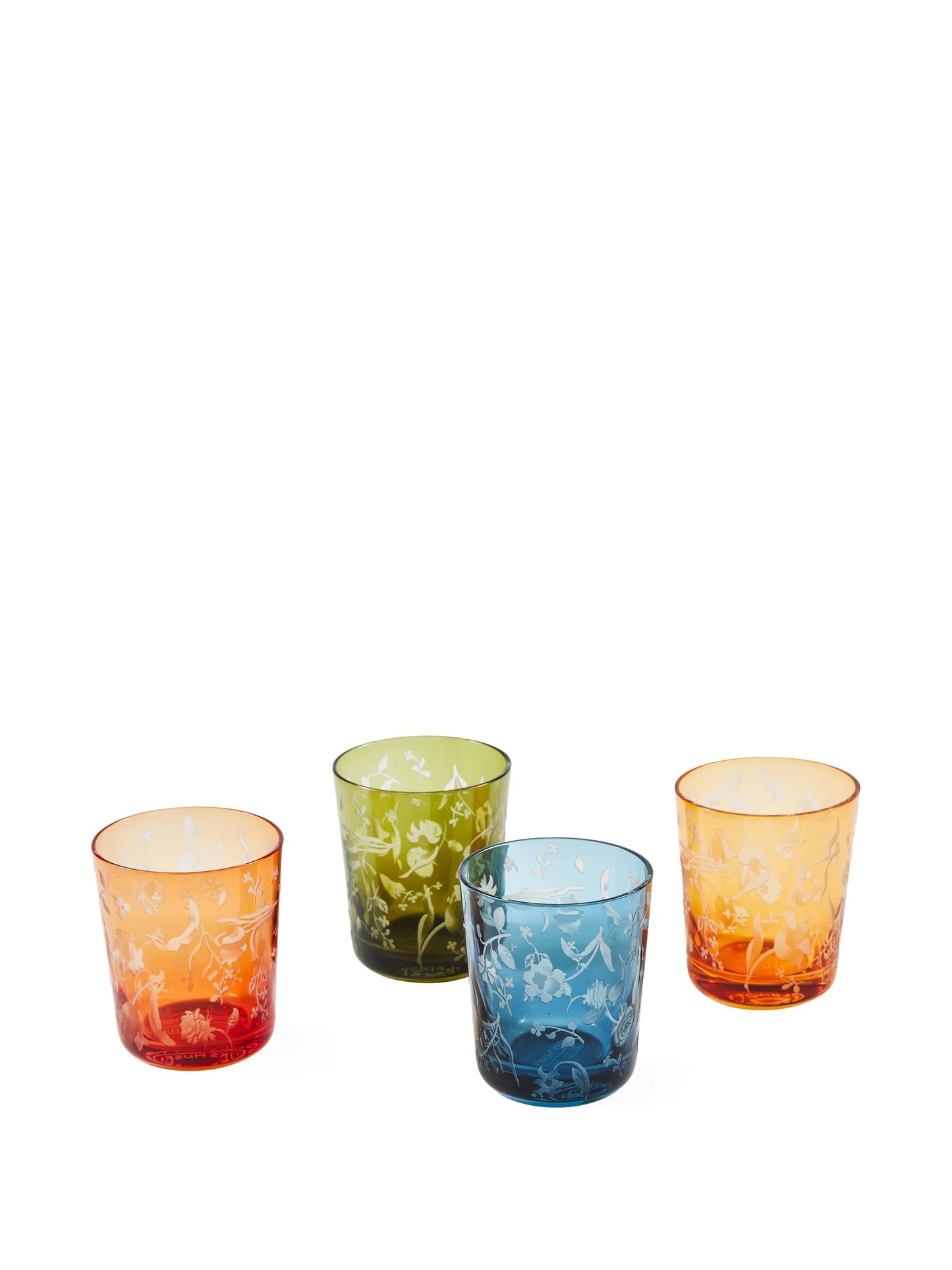 floral-etched glass tumblers