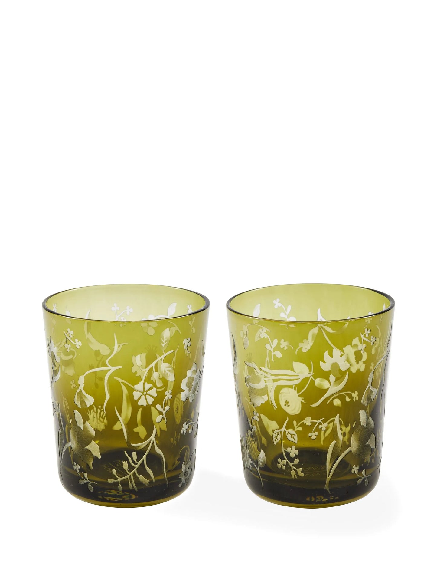 floral-etched glass tumblers