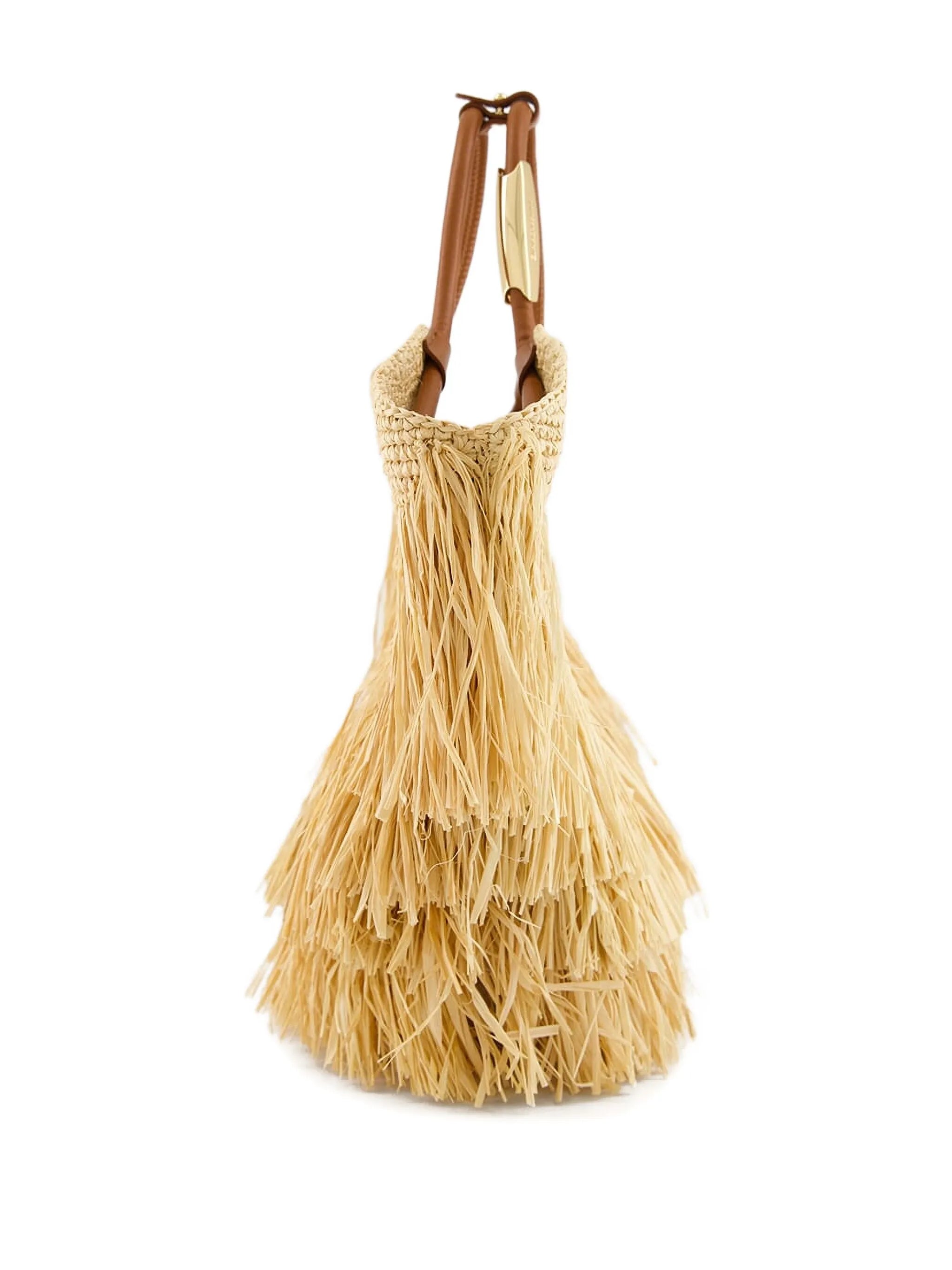 fringed straw handbag