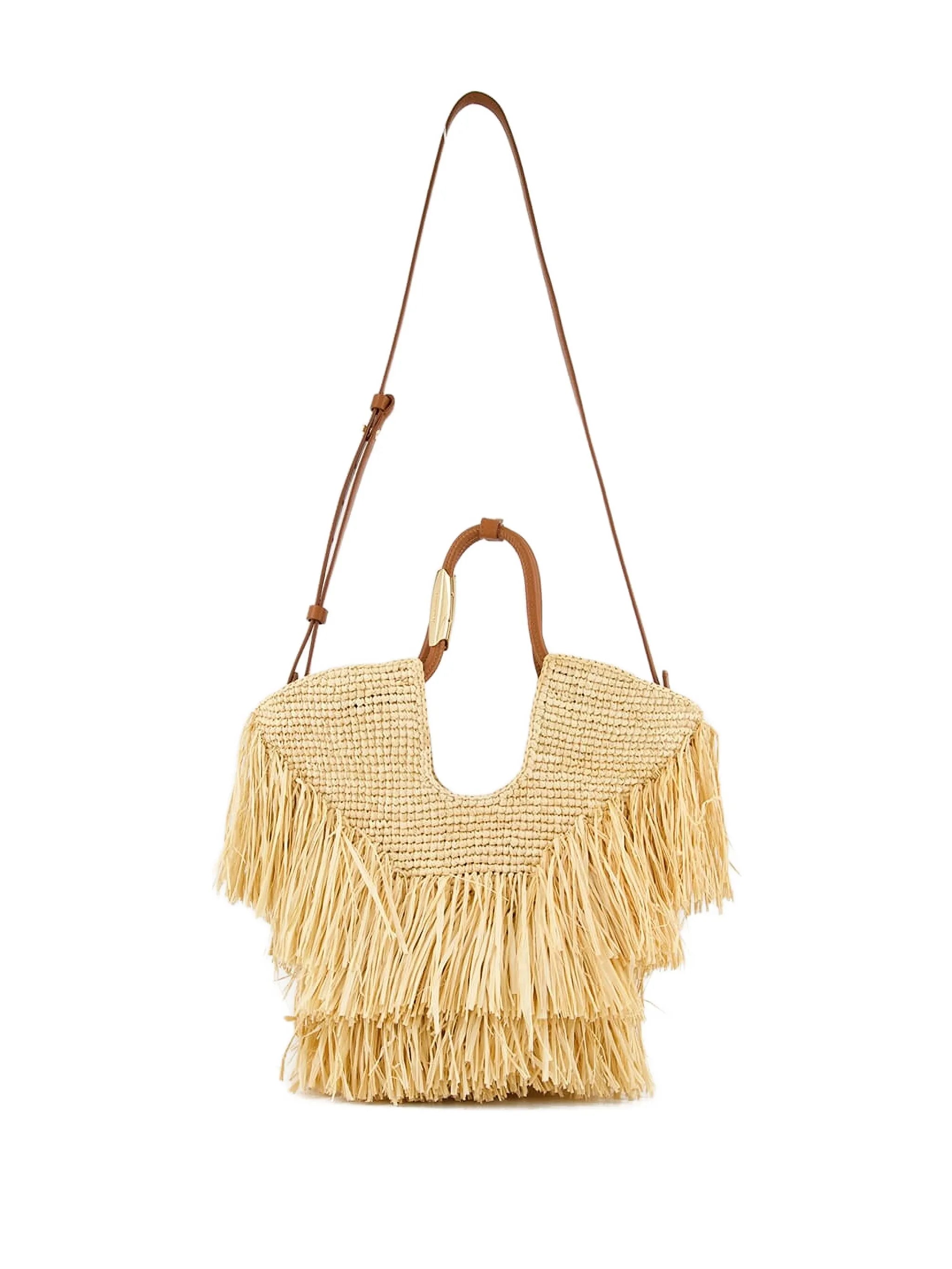fringed straw handbag