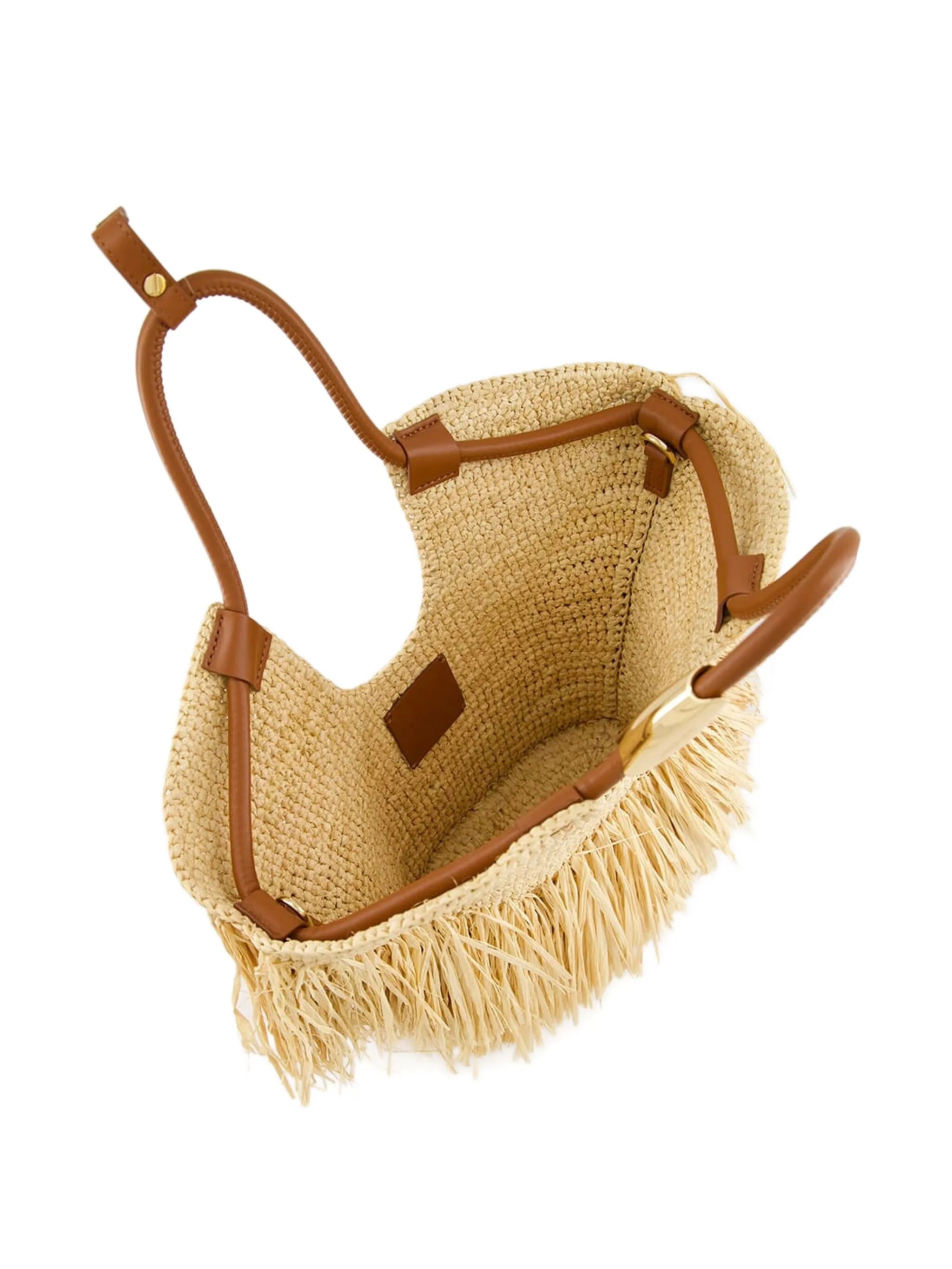 fringed straw handbag