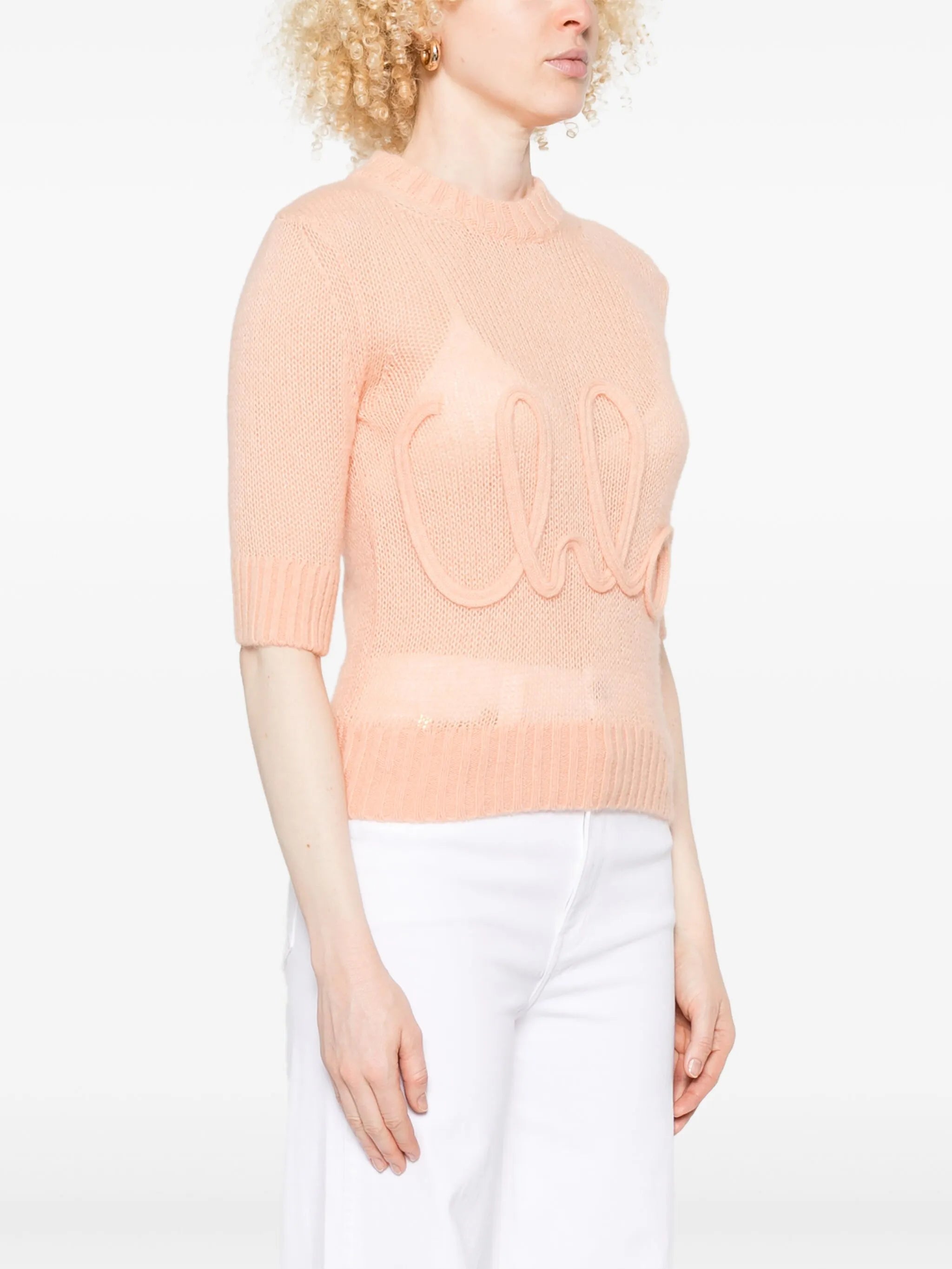 elbow-sleeve embroidered-logo top