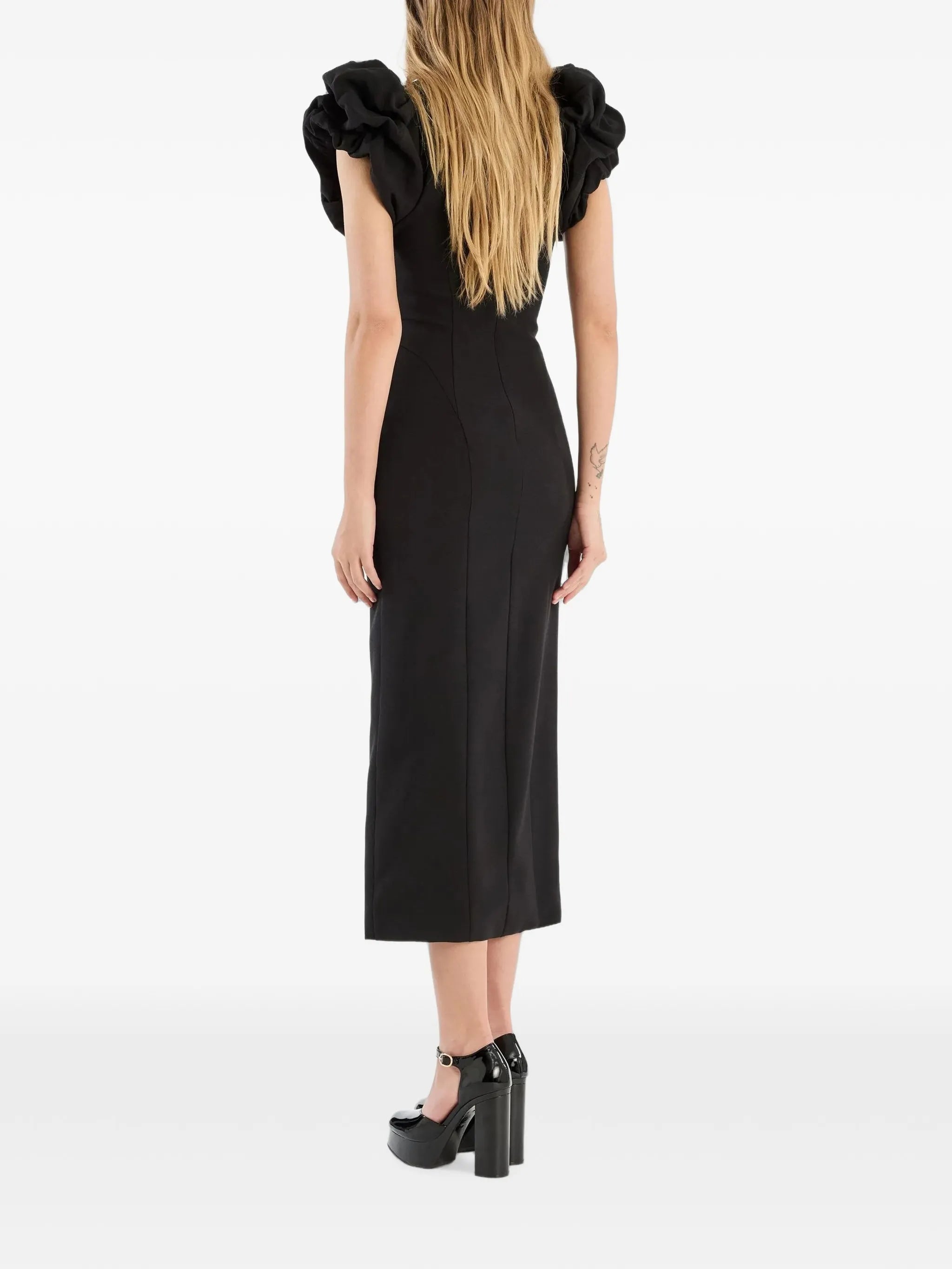 puff-sleeve midi dress