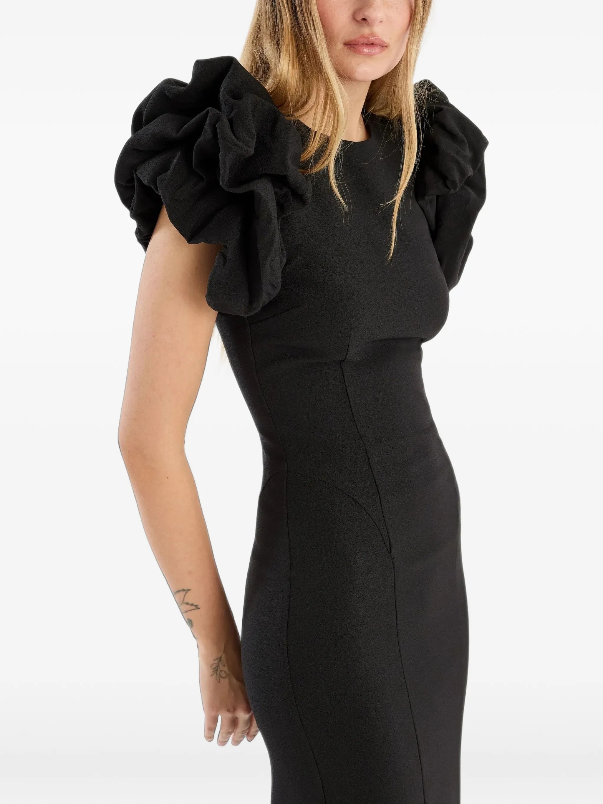 puff-sleeve midi dress
