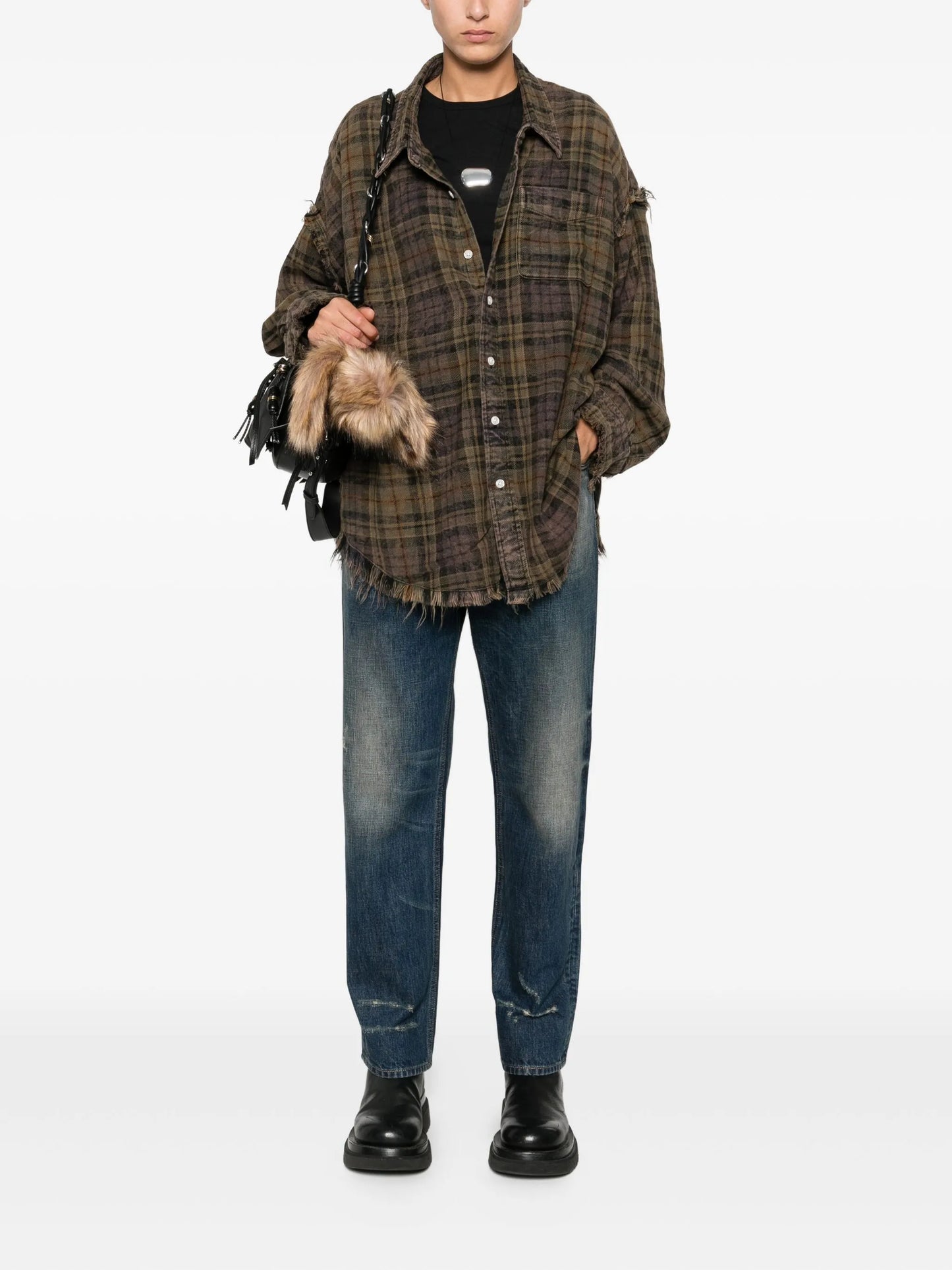 shredded-seam plaid shirt