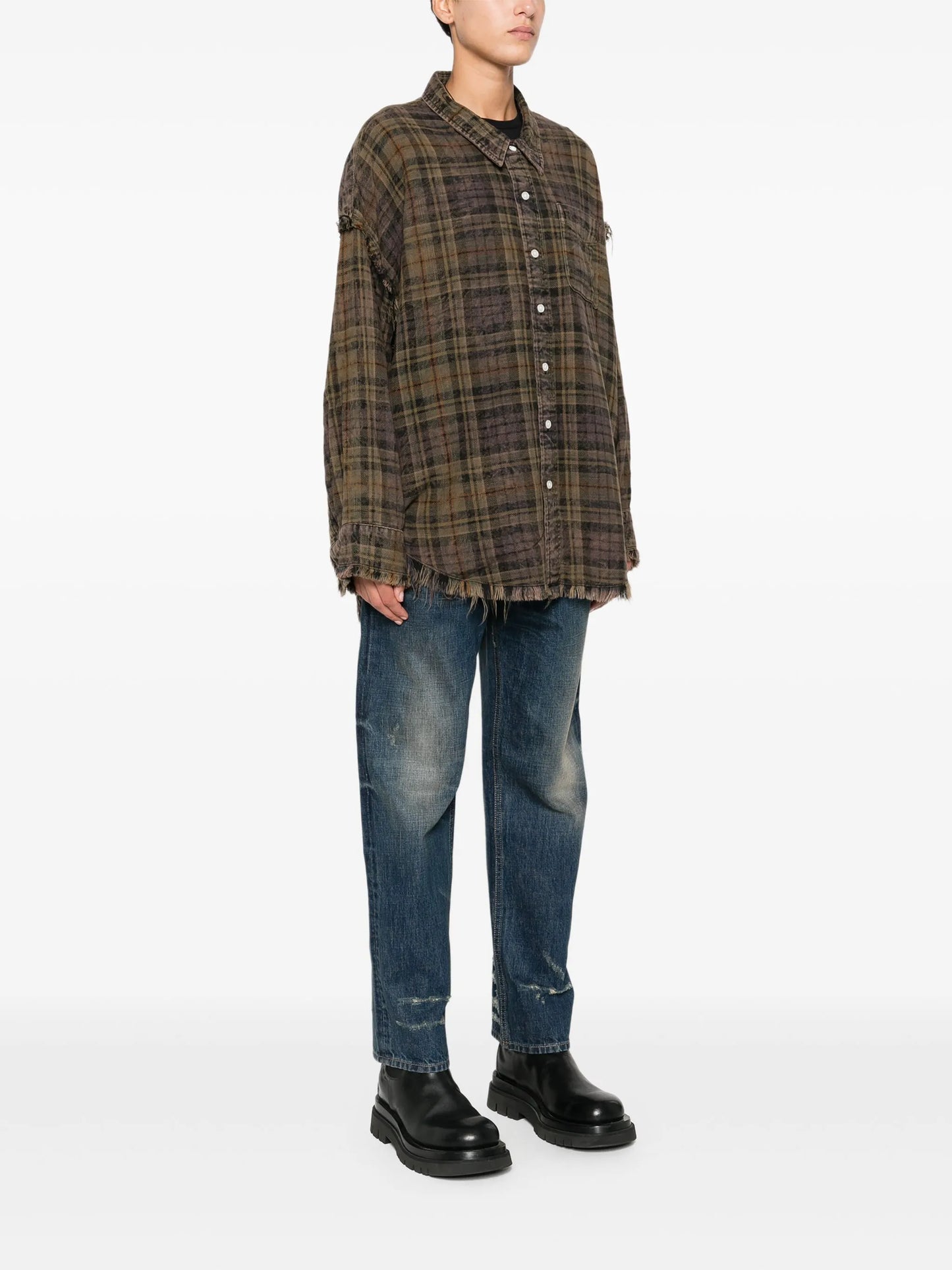 shredded-seam plaid shirt