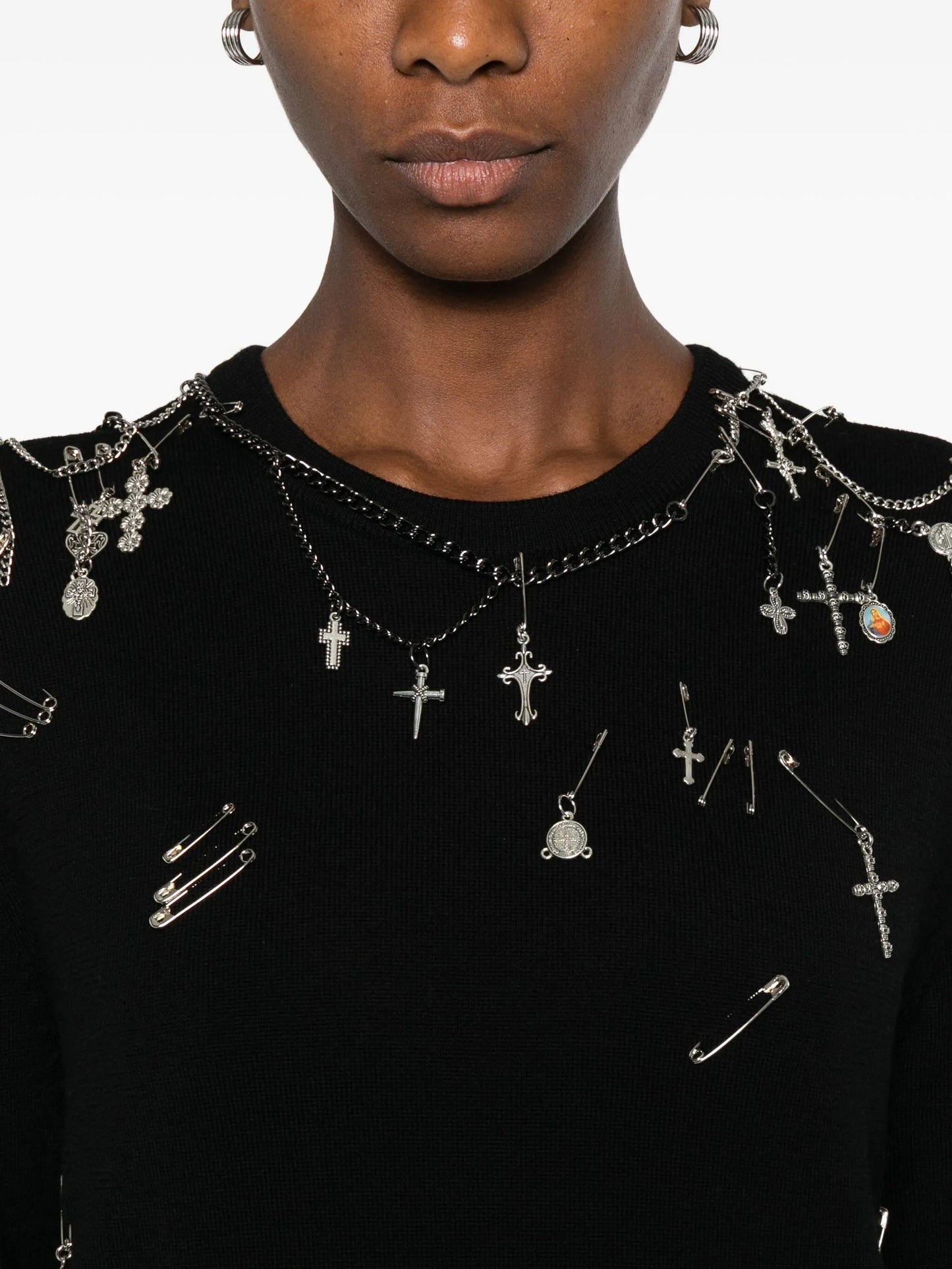 safety-pin embellished crew-neck sweatshit