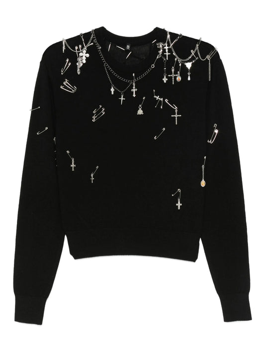 safety-pin embellished crew-neck sweatshit