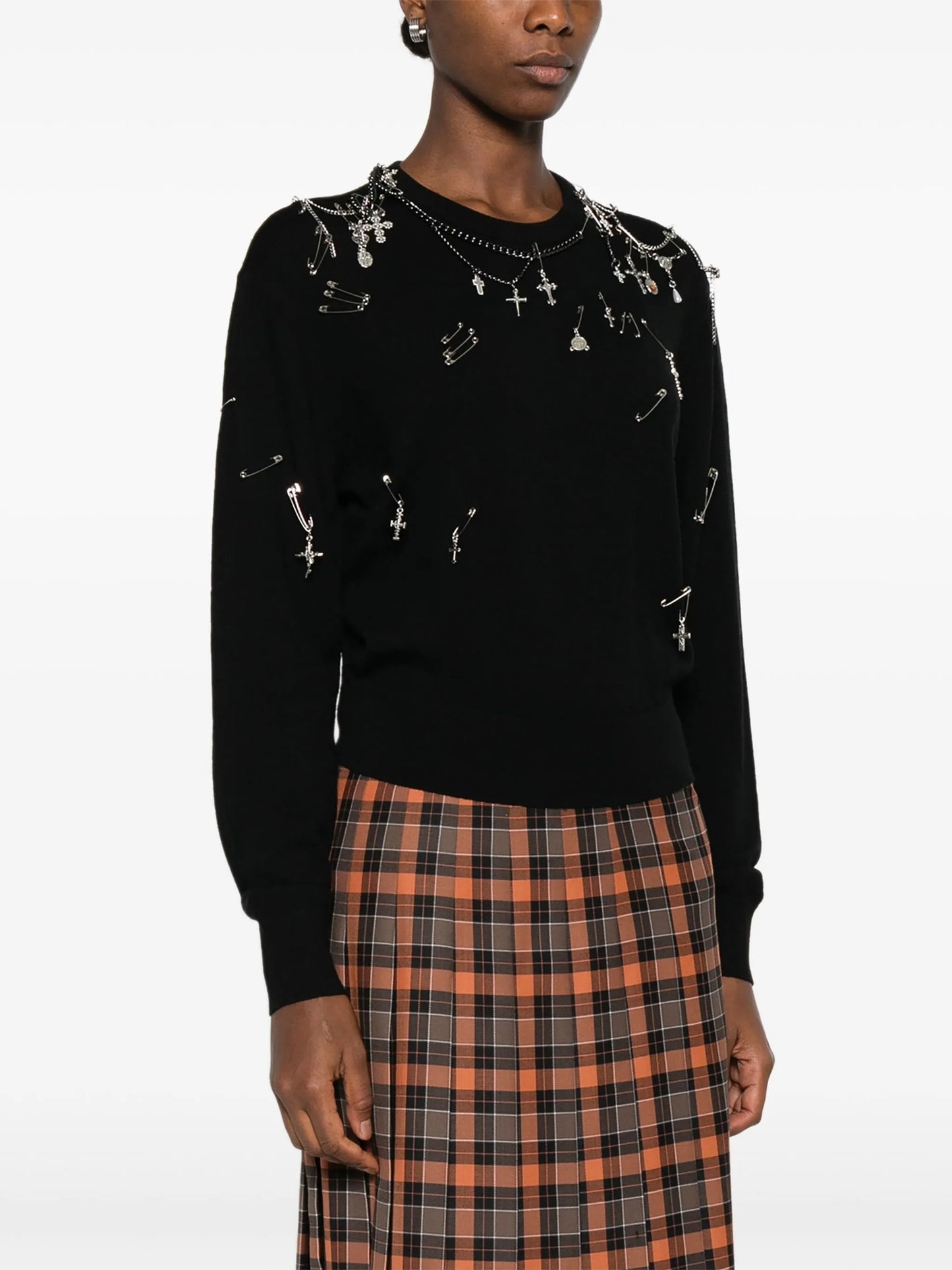 safety-pin embellished crew-neck sweatshit